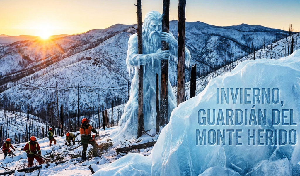 Imagen de montañas nevadas con un gigante de hielo agarrado a los arboles y gente trabajando el monte