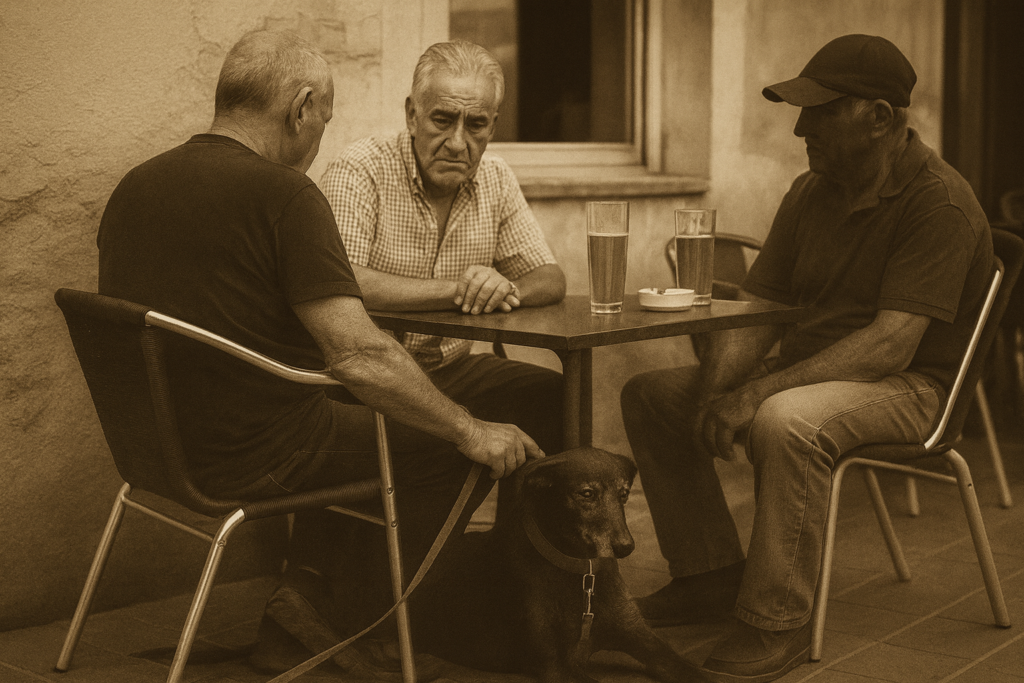 Tres hombres mayores sentados frente a una mesa tomando cerveza y un perro negro bajo la mesa