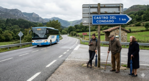 Gente esperando en una parada de autobús al lado de una carretera rural