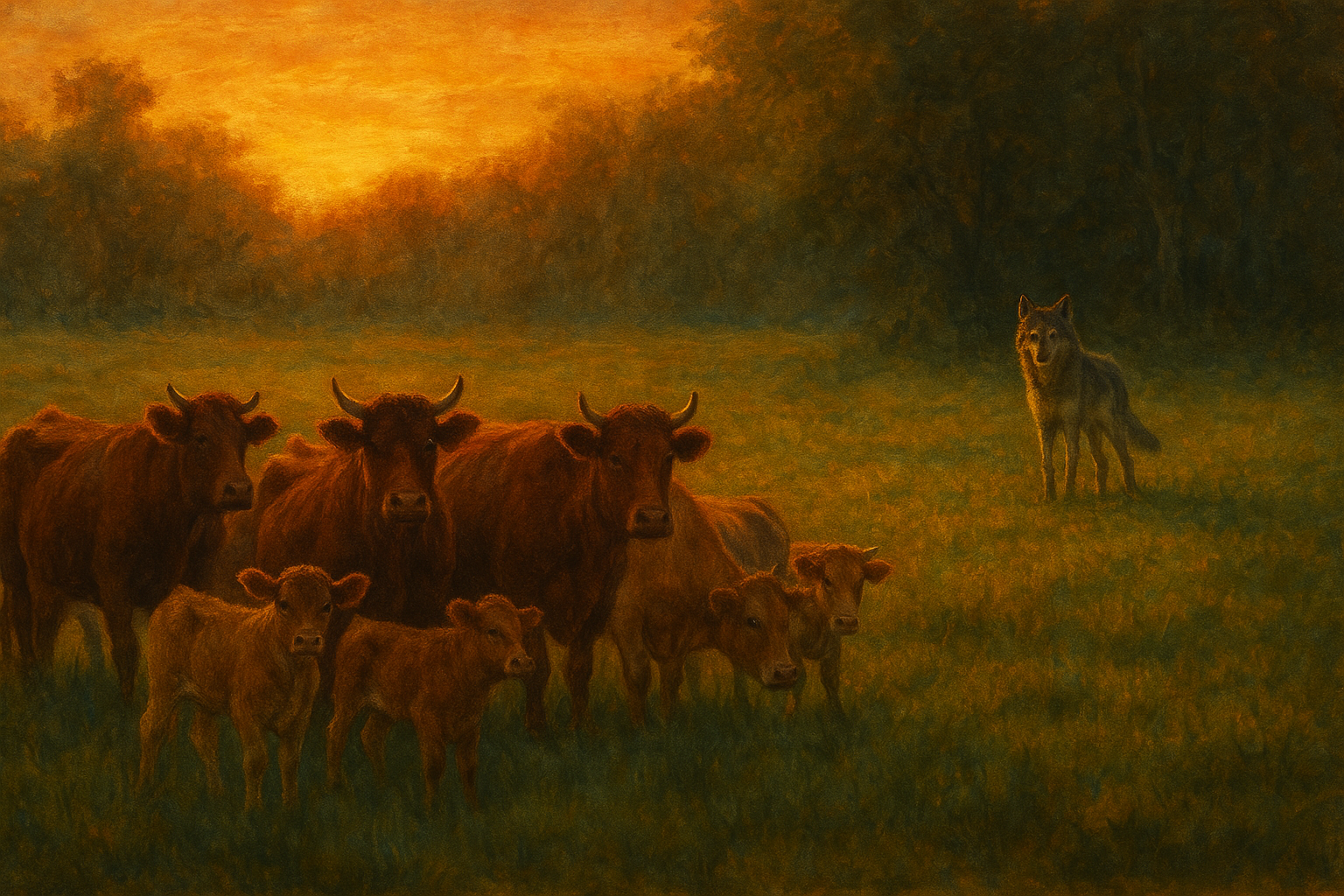 Rebaño de vacas en el campo vigiladas por un lobo