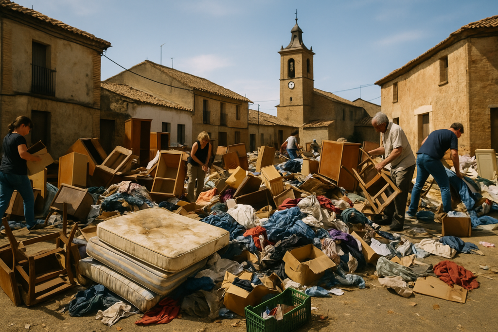 Plaza de pueblo con enseres en medio de la calle