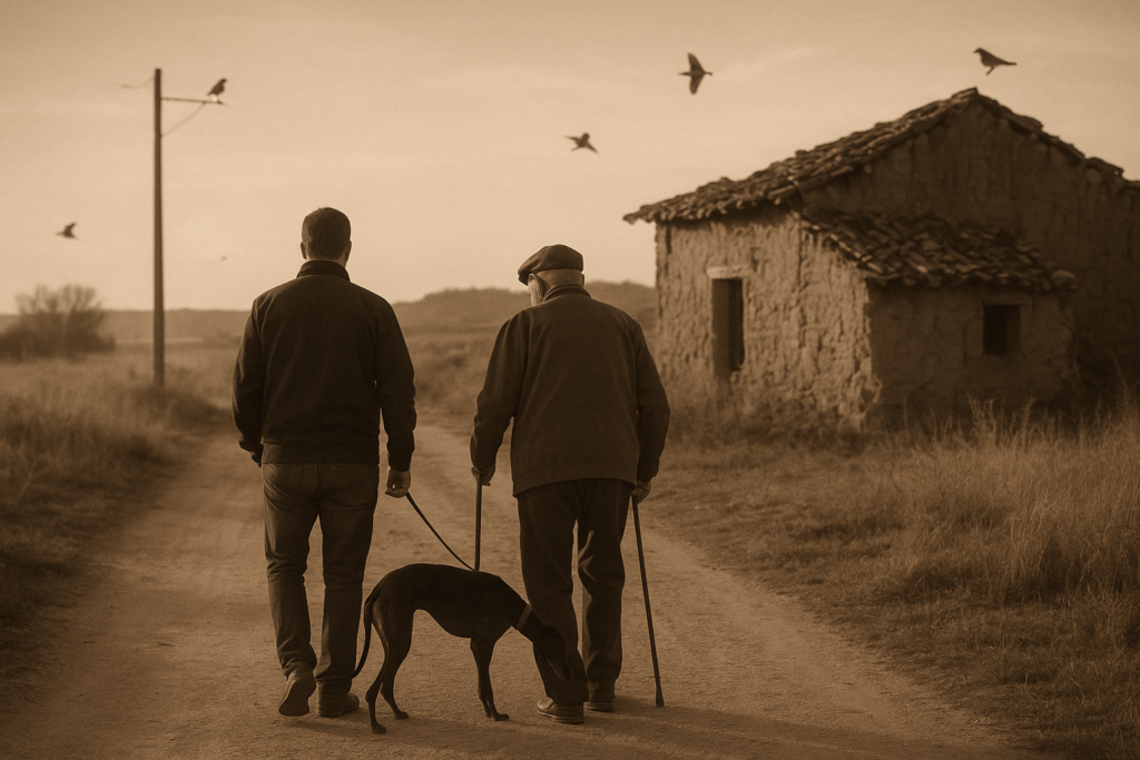 Dos personas paseando con un perro por un camino de pueblo