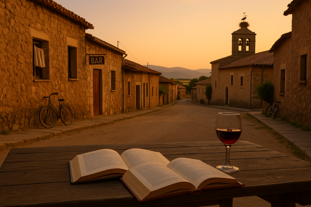 Plaza de pueblo vista desde una mesa con un libro y una copa de vino