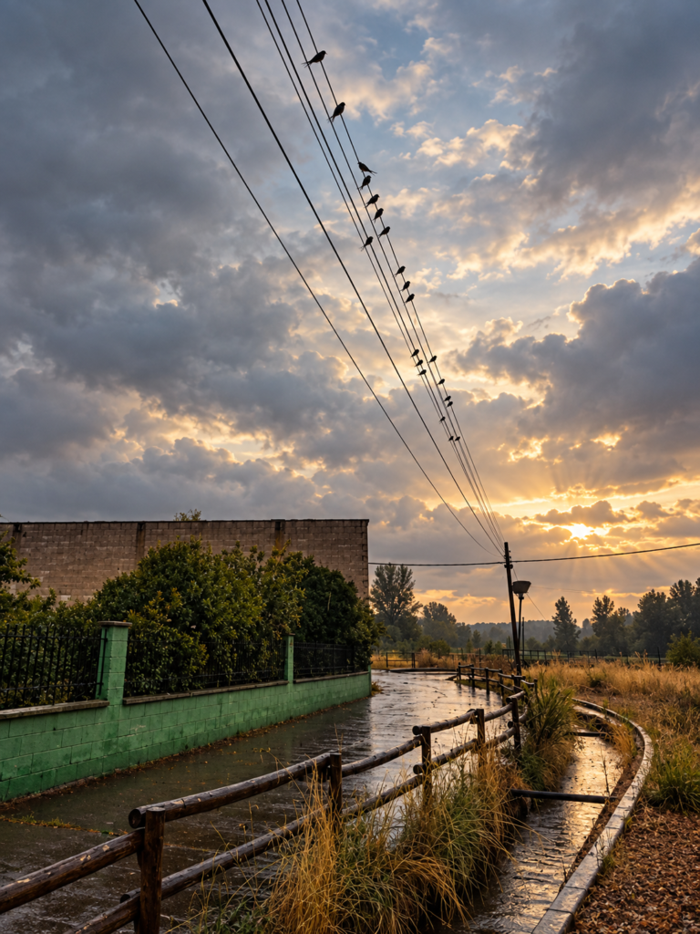 Paisaje con línea de teléfono con golondrinas